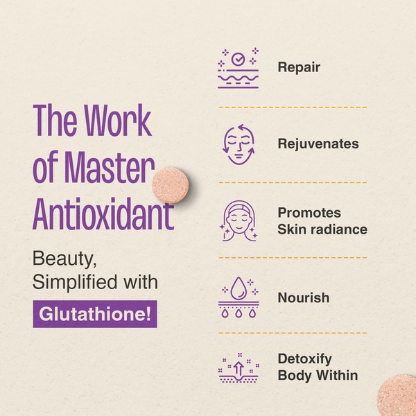 A clean, list-based ad creative highlighting five key skin and health benefits of Glutathione through minimalist icons.